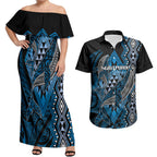 Aotearoa Iwi Ngati Porou Personalised Couples Matching Off Shoulder Maxi Dress and Hawaiian Shirt NZ Maori Humpback Whale Taniko Motifs