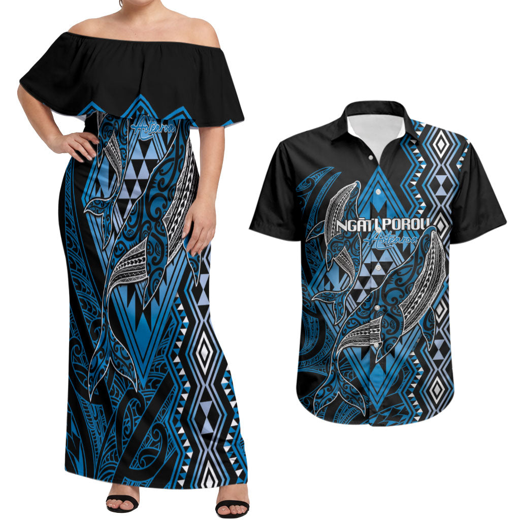 Aotearoa Iwi Ngati Porou Personalised Couples Matching Off Shoulder Maxi Dress and Hawaiian Shirt NZ Maori Humpback Whale Taniko Motifs