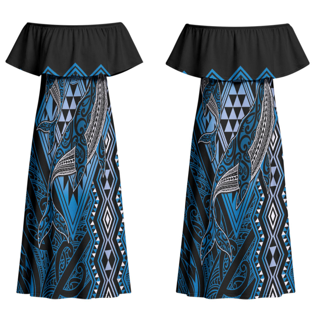 Aotearoa Iwi Ngati Porou Personalised Couples Matching Off Shoulder Maxi Dress and Hawaiian Shirt NZ Maori Humpback Whale Taniko Motifs