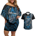 Aotearoa Iwi Ngati Porou Personalised Couples Matching Off Shoulder Short Dress and Hawaiian Shirt NZ Maori Humpback Whale Taniko Motifs