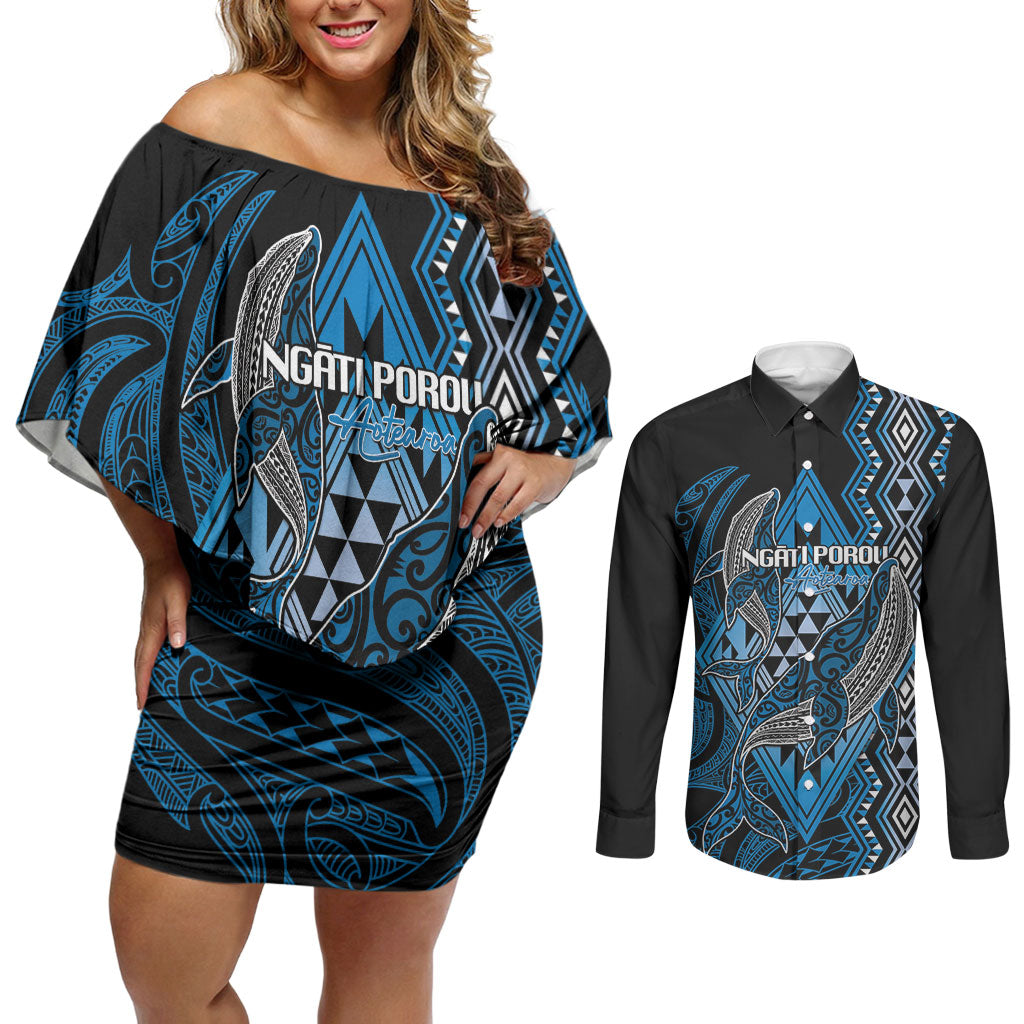 Aotearoa Iwi Ngati Porou Personalised Couples Matching Off Shoulder Short Dress and Long Sleeve Button Shirt NZ Maori Humpback Whale Taniko Motifs