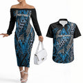 Aotearoa Iwi Ngati Porou Personalised Couples Matching Off The Shoulder Long Sleeve Dress and Hawaiian Shirt NZ Maori Humpback Whale Taniko Motifs