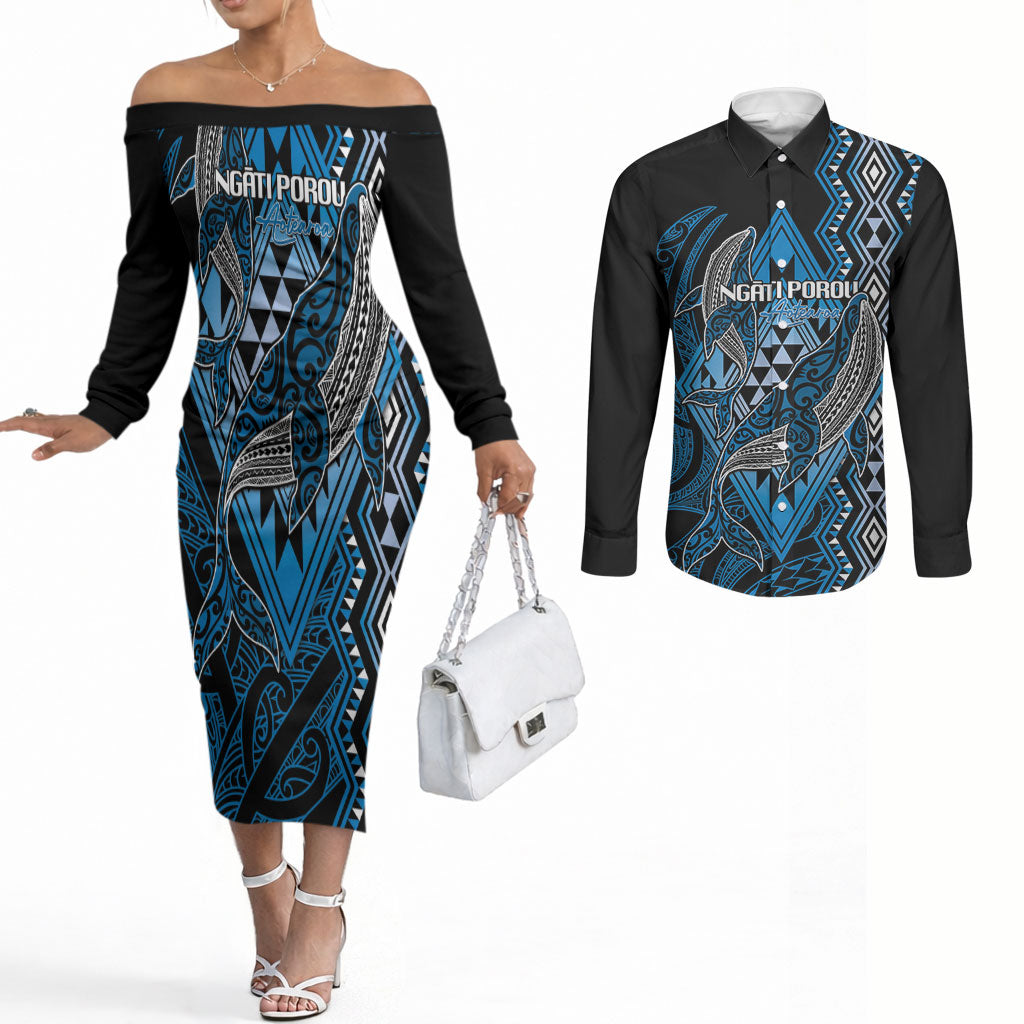 Aotearoa Iwi Ngati Porou Personalised Couples Matching Off The Shoulder Long Sleeve Dress and Long Sleeve Button Shirt NZ Maori Humpback Whale Taniko Motifs