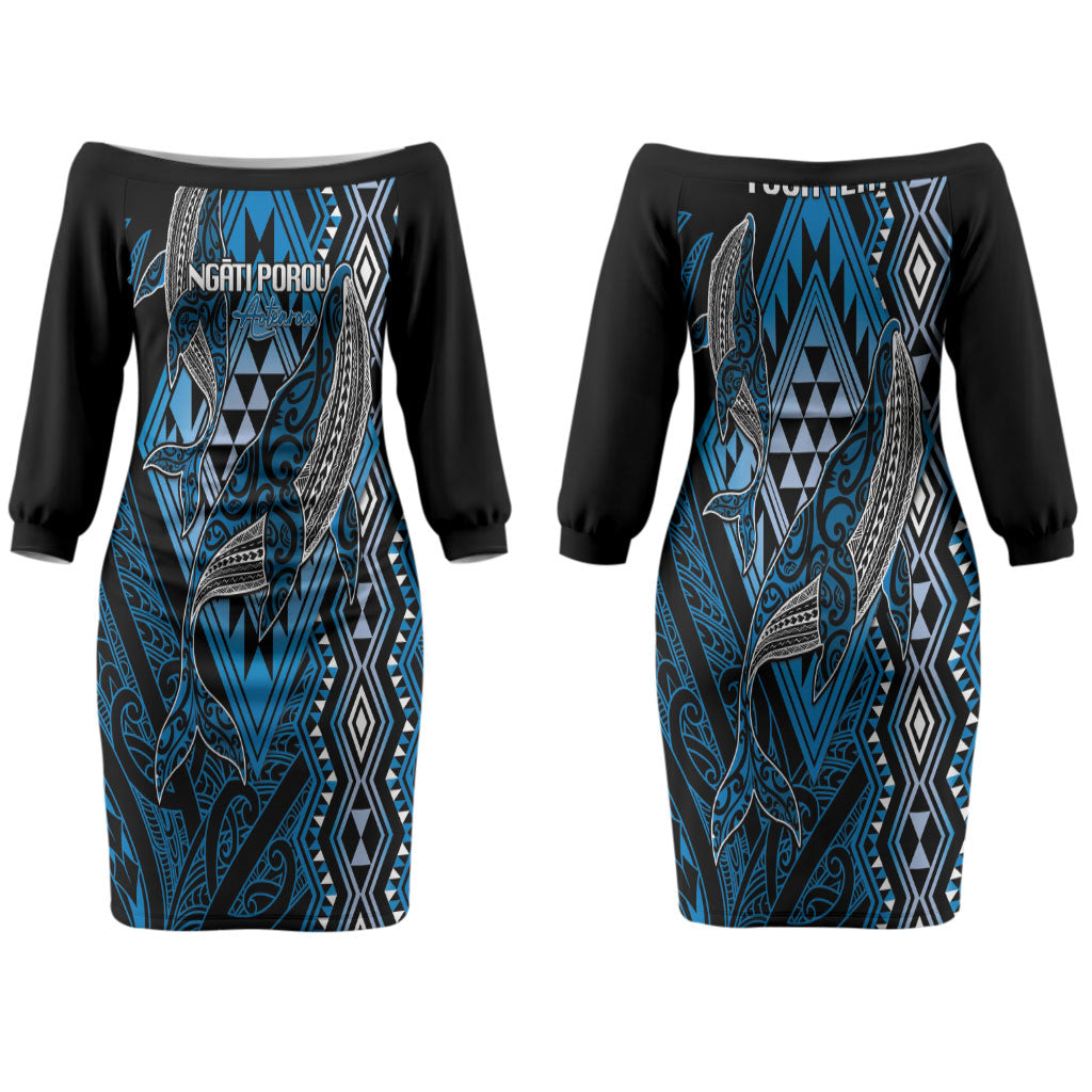 Aotearoa Iwi Ngati Porou Personalised Couples Matching Off The Shoulder Long Sleeve Dress and Long Sleeve Button Shirt NZ Maori Humpback Whale Taniko Motifs