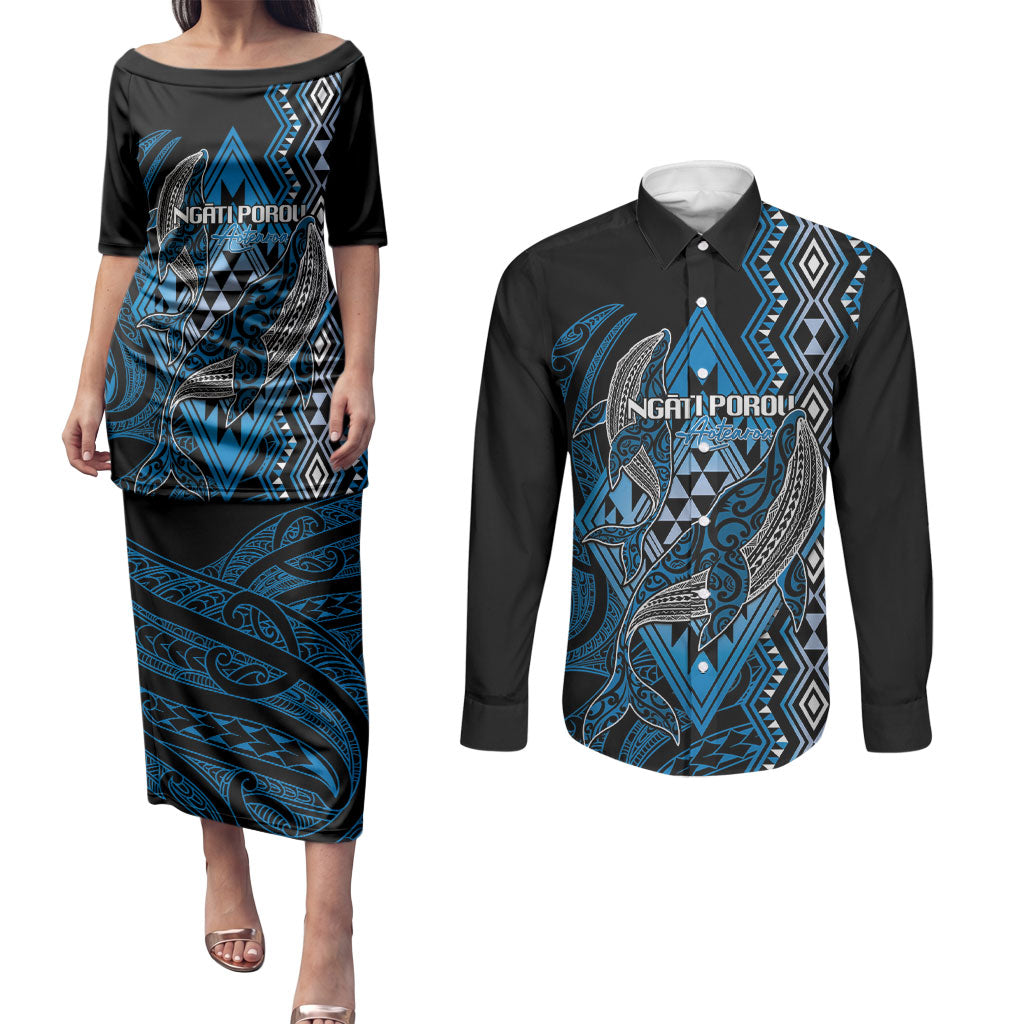 Aotearoa Iwi Ngati Porou Personalised Couples Matching Puletasi and Long Sleeve Button Shirt NZ Maori Humpback Whale Taniko Motifs