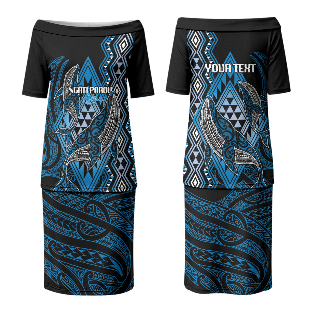Aotearoa Iwi Ngati Porou Personalised Couples Matching Puletasi and Long Sleeve Button Shirt NZ Maori Humpback Whale Taniko Motifs