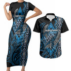 Aotearoa Iwi Ngati Porou Personalised Couples Matching Short Sleeve Bodycon Dress and Hawaiian Shirt NZ Maori Humpback Whale Taniko Motifs