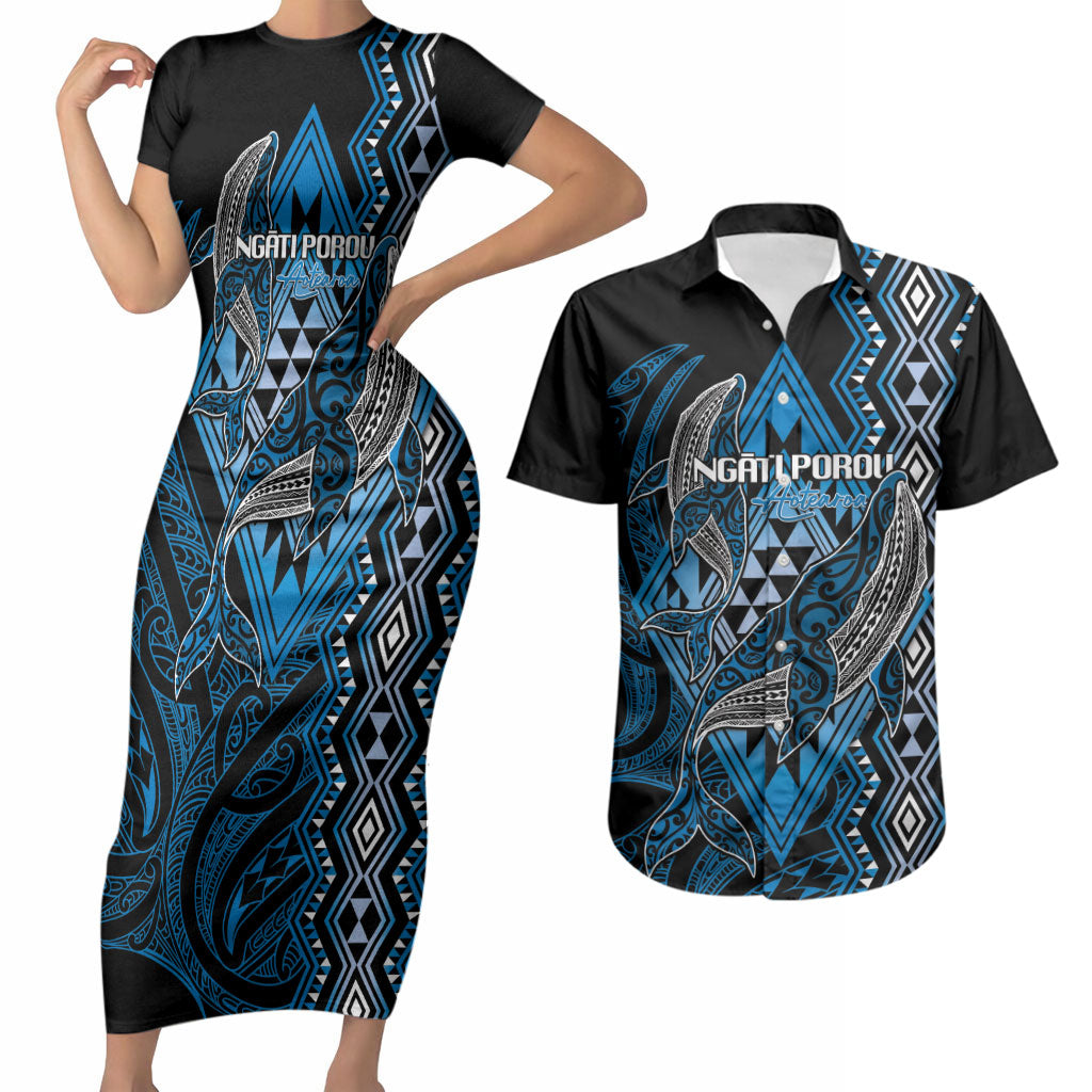 Aotearoa Iwi Ngati Porou Personalised Couples Matching Short Sleeve Bodycon Dress and Hawaiian Shirt NZ Maori Humpback Whale Taniko Motifs