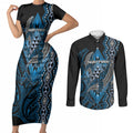 Aotearoa Iwi Ngati Porou Personalised Couples Matching Short Sleeve Bodycon Dress and Long Sleeve Button Shirt NZ Maori Humpback Whale Taniko Motifs