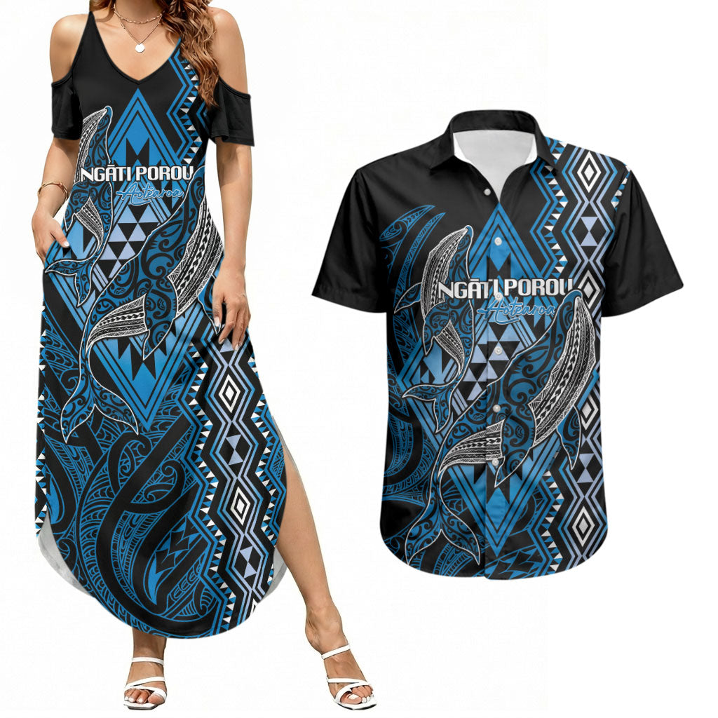 Aotearoa Iwi Ngati Porou Personalised Couples Matching Summer Maxi Dress and Hawaiian Shirt NZ Maori Humpback Whale Taniko Motifs