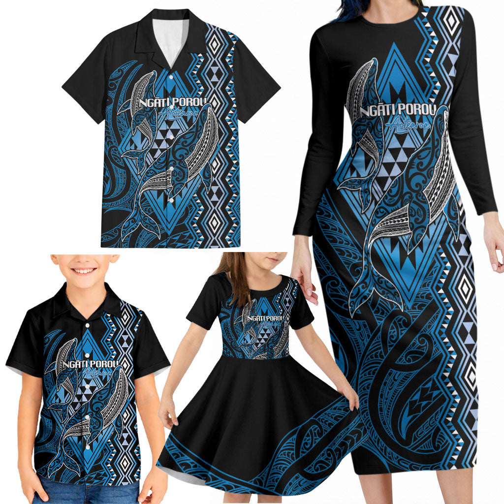Aotearoa Iwi Ngati Porou Personalised Family Matching Long Sleeve Bodycon Dress and Hawaiian Shirt NZ Maori Humpback Whale Taniko Motifs