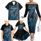 Aotearoa Iwi Ngati Porou Personalised Family Matching Off The Shoulder Long Sleeve Dress and Hawaiian Shirt NZ Maori Humpback Whale Taniko Motifs