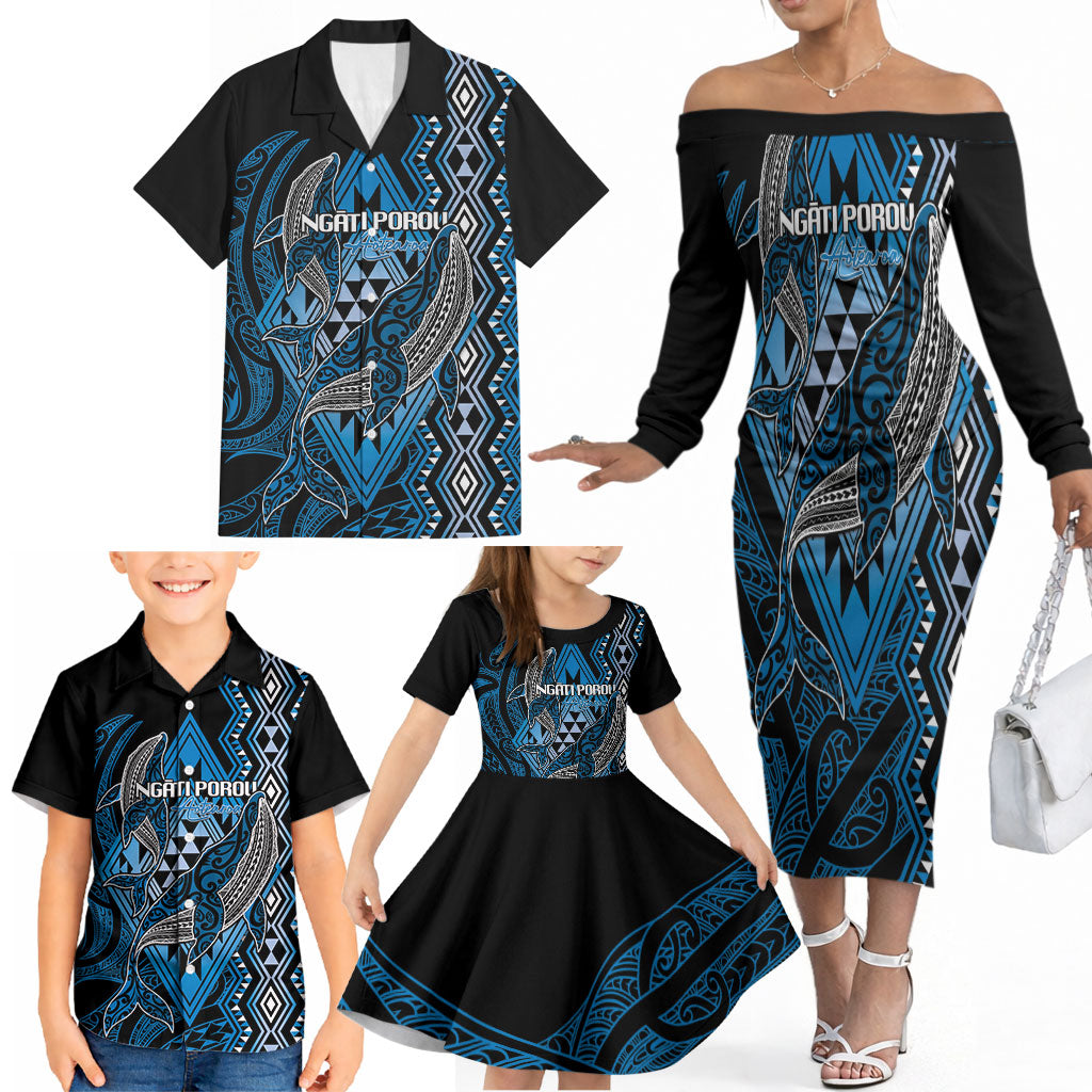 Aotearoa Iwi Ngati Porou Personalised Family Matching Off The Shoulder Long Sleeve Dress and Hawaiian Shirt NZ Maori Humpback Whale Taniko Motifs
