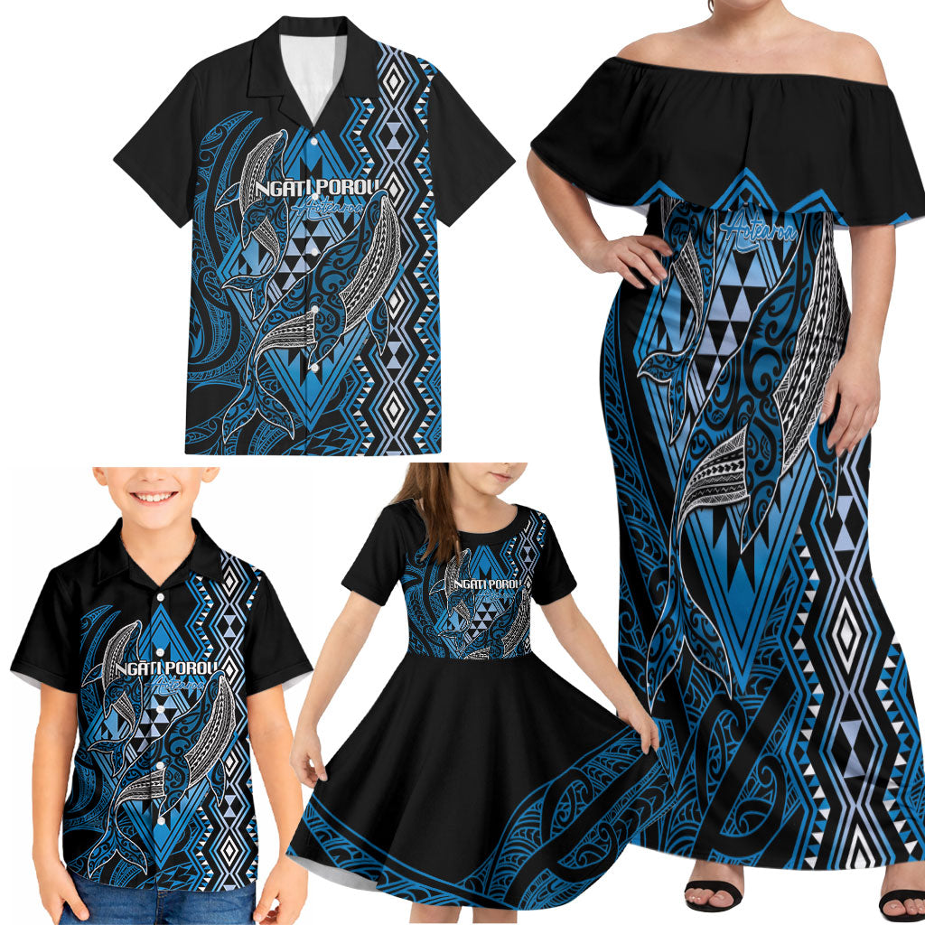 Aotearoa Iwi Ngati Porou Personalised Family Matching Off Shoulder Maxi Dress and Hawaiian Shirt NZ Maori Humpback Whale Taniko Motifs