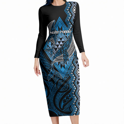 Aotearoa Iwi Ngati Porou Personalised Long Sleeve Bodycon Dress NZ Maori Humpback Whale Taniko Motifs