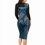 Aotearoa Iwi Ngati Porou Personalised Long Sleeve Bodycon Dress NZ Maori Humpback Whale Taniko Motifs