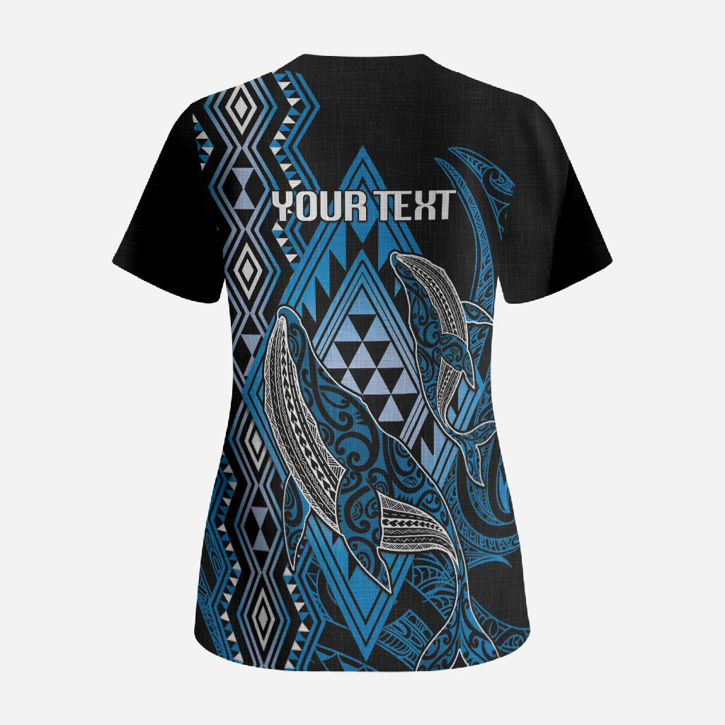 Aotearoa Iwi Ngati Porou Personalised Scrub Top NZ Maori Humpback Whale Taniko Motifs