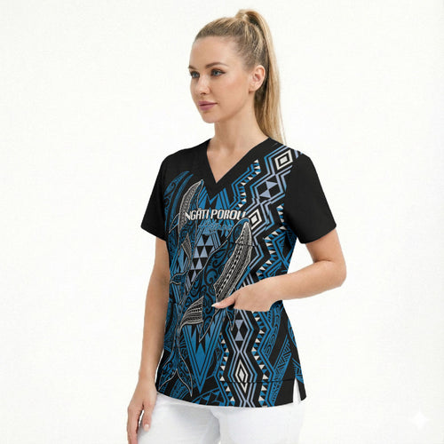 Aotearoa Iwi Ngati Porou Personalised Scrub Top NZ Maori Humpback Whale Taniko Motifs