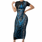 Aotearoa Iwi Ngati Porou Personalised Short Sleeve Bodycon Dress NZ Maori Humpback Whale Taniko Motifs