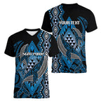 Aotearoa Iwi Ngati Porou Personalised Women V-Neck T-Shirt NZ Maori Humpback Whale Taniko Motifs