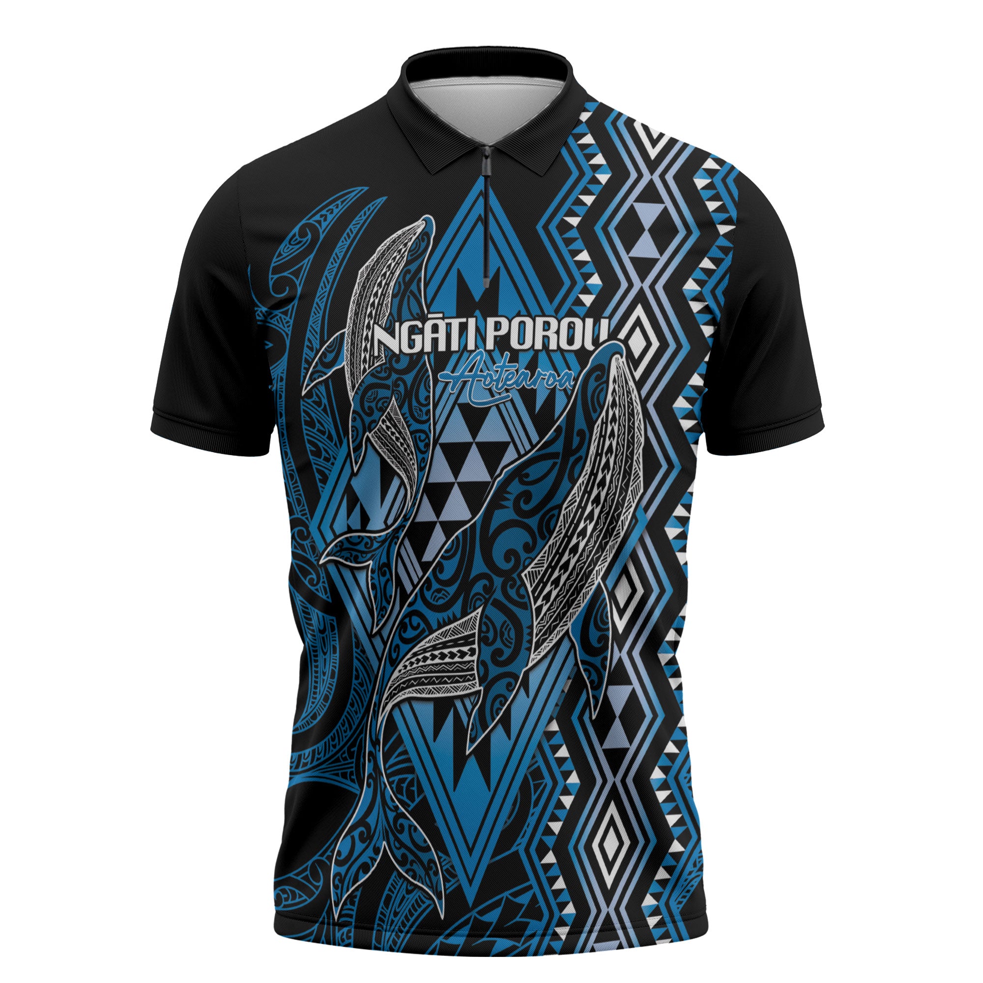Aotearoa Iwi Ngati Porou Personalised Zipper Polo Shirt NZ Maori Humpback Whale Taniko Motifs