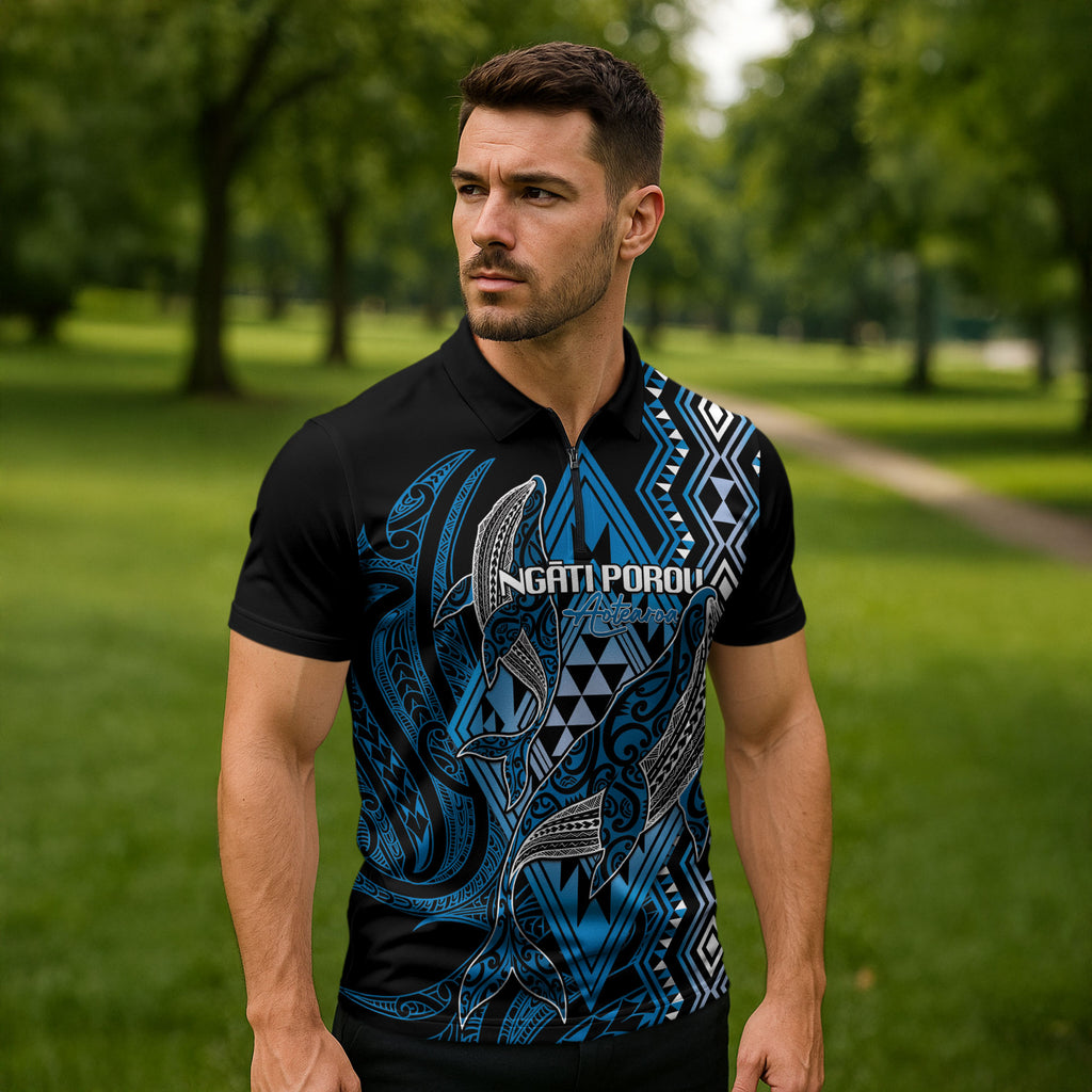 Aotearoa Iwi Ngati Porou Personalised Zipper Polo Shirt NZ Maori Humpback Whale Taniko Motifs