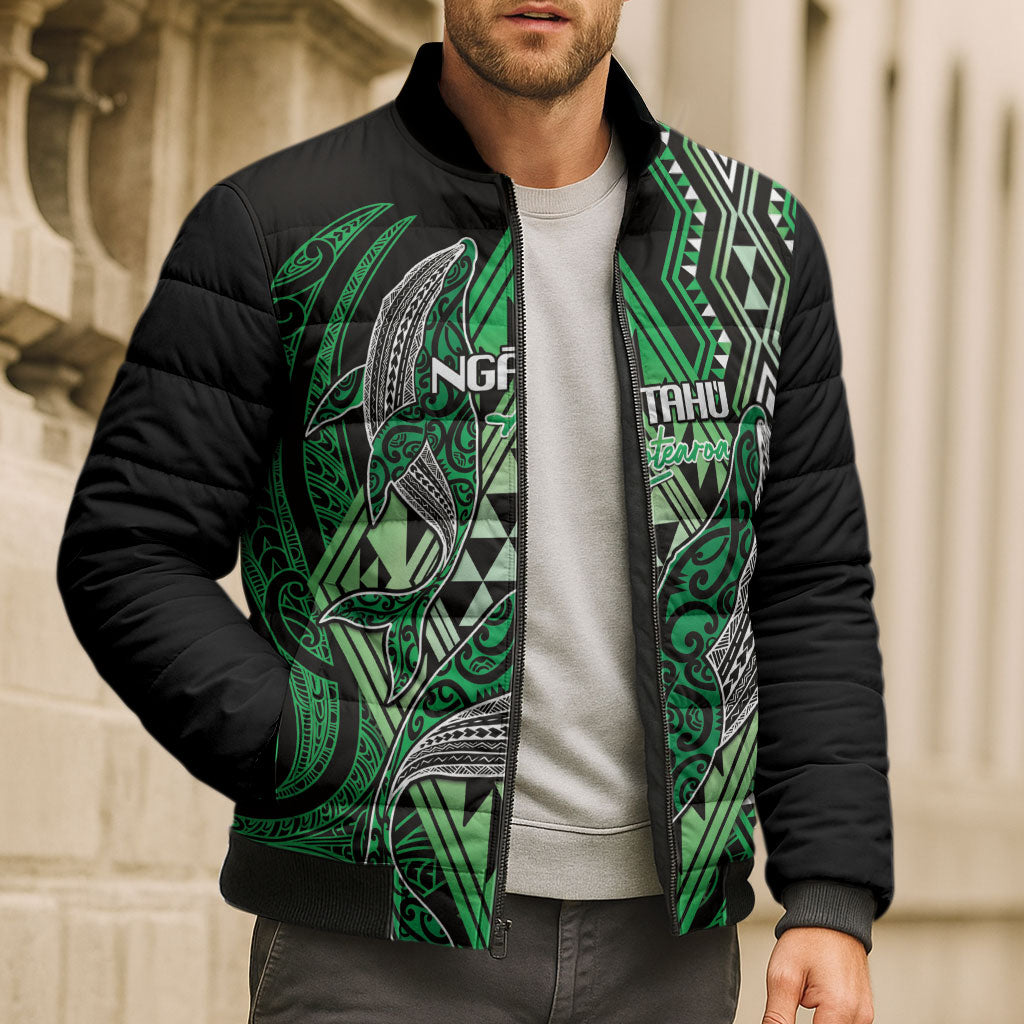 Aotearoa Iwi Ngai Tahu Personalised Bomber Puffer Jacket NZ Maori Humpback Whale Taniko Motifs