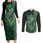Aotearoa Iwi Ngai Tahu Personalised Couples Matching Long Sleeve Bodycon Dress and Long Sleeve Button Shirt NZ Maori Humpback Whale Taniko Motifs