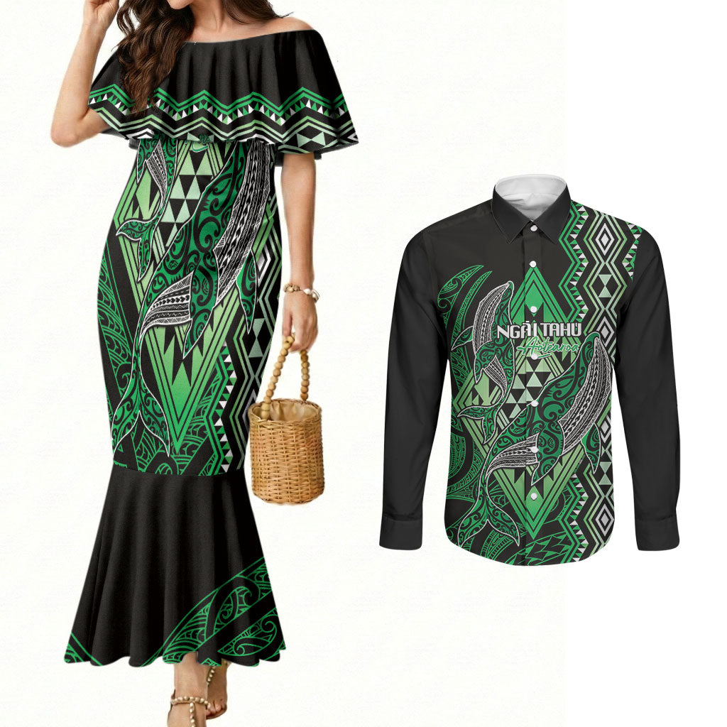 Aotearoa Iwi Ngai Tahu Personalised Couples Matching Mermaid Dress and Long Sleeve Button Shirt NZ Maori Humpback Whale Taniko Motifs