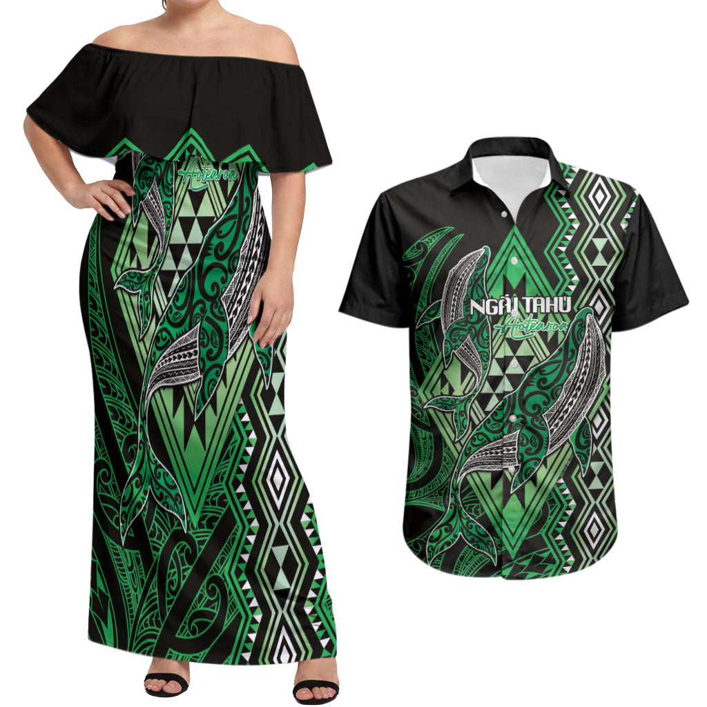 Aotearoa Iwi Ngai Tahu Personalised Couples Matching Off Shoulder Maxi Dress and Hawaiian Shirt NZ Maori Humpback Whale Taniko Motifs