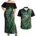 Aotearoa Iwi Ngai Tahu Personalised Couples Matching Off Shoulder Maxi Dress and Hawaiian Shirt NZ Maori Humpback Whale Taniko Motifs