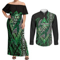Aotearoa Iwi Ngai Tahu Personalised Couples Matching Off Shoulder Maxi Dress and Long Sleeve Button Shirt NZ Maori Humpback Whale Taniko Motifs