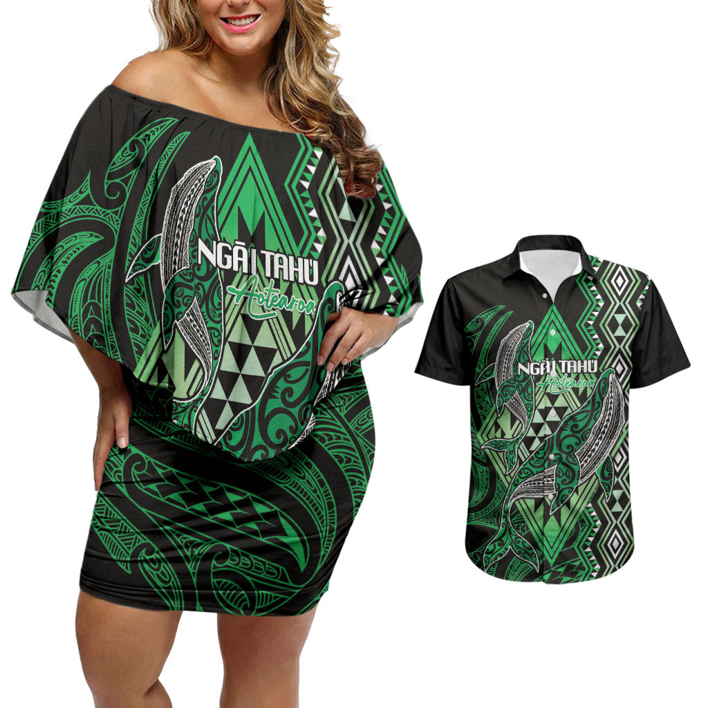 Aotearoa Iwi Ngai Tahu Personalised Couples Matching Off Shoulder Short Dress and Hawaiian Shirt NZ Maori Humpback Whale Taniko Motifs