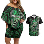 Aotearoa Iwi Ngai Tahu Personalised Couples Matching Off Shoulder Short Dress and Hawaiian Shirt NZ Maori Humpback Whale Taniko Motifs