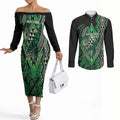 Aotearoa Iwi Ngai Tahu Personalised Couples Matching Off The Shoulder Long Sleeve Dress and Long Sleeve Button Shirt NZ Maori Humpback Whale Taniko Motifs