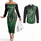 Aotearoa Iwi Ngai Tahu Personalised Couples Matching Off The Shoulder Long Sleeve Dress and Long Sleeve Button Shirt NZ Maori Humpback Whale Taniko Motifs