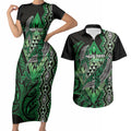 Aotearoa Iwi Ngai Tahu Personalised Couples Matching Short Sleeve Bodycon Dress and Hawaiian Shirt NZ Maori Humpback Whale Taniko Motifs