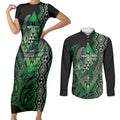 Aotearoa Iwi Ngai Tahu Personalised Couples Matching Short Sleeve Bodycon Dress and Long Sleeve Button Shirt NZ Maori Humpback Whale Taniko Motifs