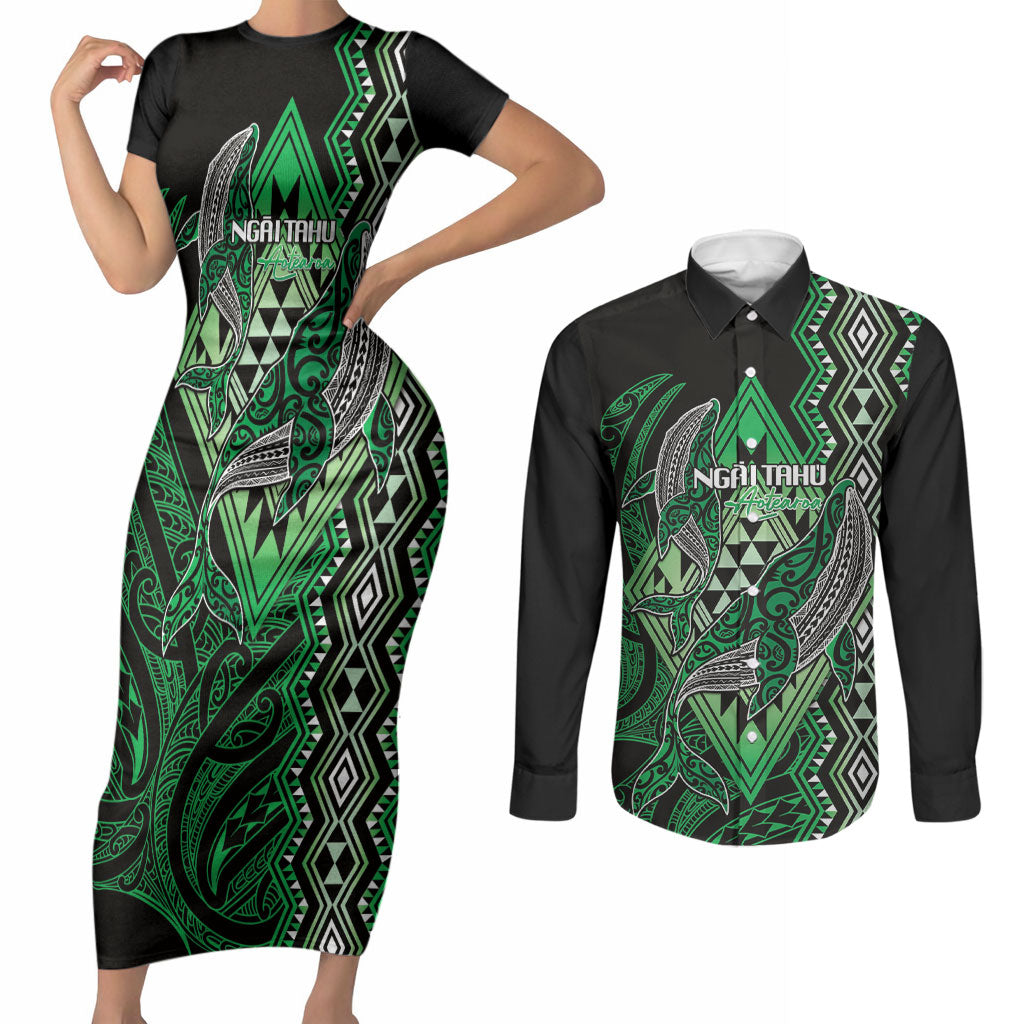 Aotearoa Iwi Ngai Tahu Personalised Couples Matching Short Sleeve Bodycon Dress and Long Sleeve Button Shirt NZ Maori Humpback Whale Taniko Motifs