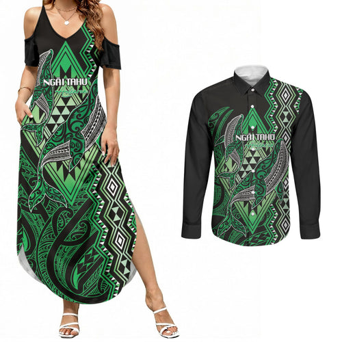 Aotearoa Iwi Ngai Tahu Personalised Couples Matching Summer Maxi Dress and Long Sleeve Button Shirt NZ Maori Humpback Whale Taniko Motifs
