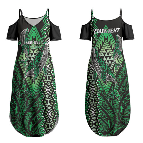 Aotearoa Iwi Ngai Tahu Personalised Couples Matching Summer Maxi Dress and Long Sleeve Button Shirt NZ Maori Humpback Whale Taniko Motifs