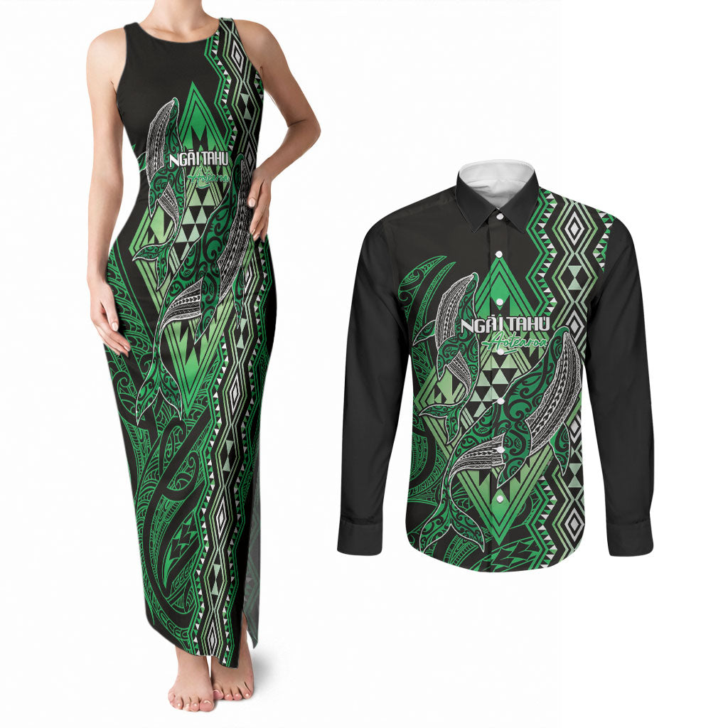 Aotearoa Iwi Ngai Tahu Personalised Couples Matching Tank Maxi Dress and Long Sleeve Button Shirt NZ Maori Humpback Whale Taniko Motifs