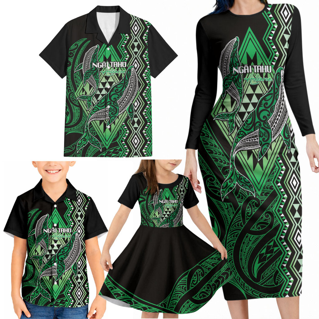 Aotearoa Iwi Ngai Tahu Personalised Family Matching Long Sleeve Bodycon Dress and Hawaiian Shirt NZ Maori Humpback Whale Taniko Motifs
