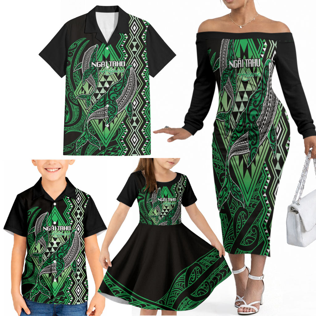 Aotearoa Iwi Ngai Tahu Personalised Family Matching Off The Shoulder Long Sleeve Dress and Hawaiian Shirt NZ Maori Humpback Whale Taniko Motifs