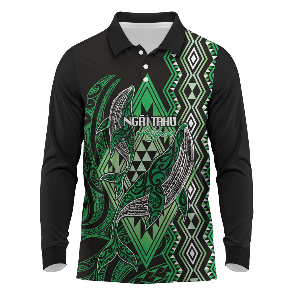 Aotearoa Iwi Ngai Tahu Personalised Long Sleeve Polo Shirt NZ Maori Humpback Whale Taniko Motifs