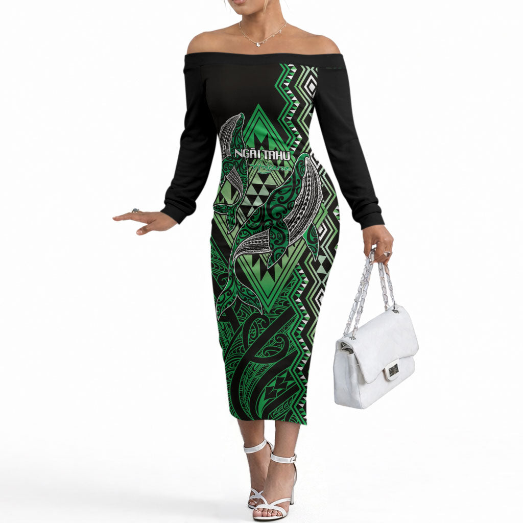 Aotearoa Iwi Ngai Tahu Personalised Off The Shoulder Long Sleeve Dress NZ Maori Humpback Whale Taniko Motifs