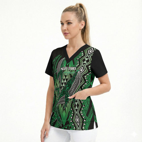 Aotearoa Iwi Ngai Tahu Personalised Scrub Top NZ Maori Humpback Whale Taniko Motifs