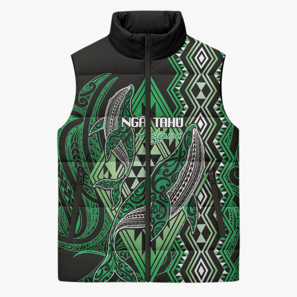 Aotearoa Iwi Ngai Tahu Personalised Sleeveless Puffer Jacket NZ Maori Humpback Whale Taniko Motifs