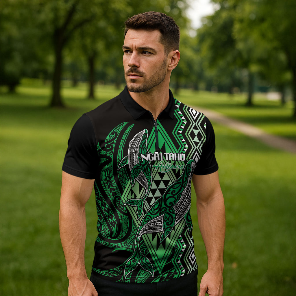 Aotearoa Iwi Ngai Tahu Personalised Zipper Polo Shirt NZ Maori Humpback Whale Taniko Motifs