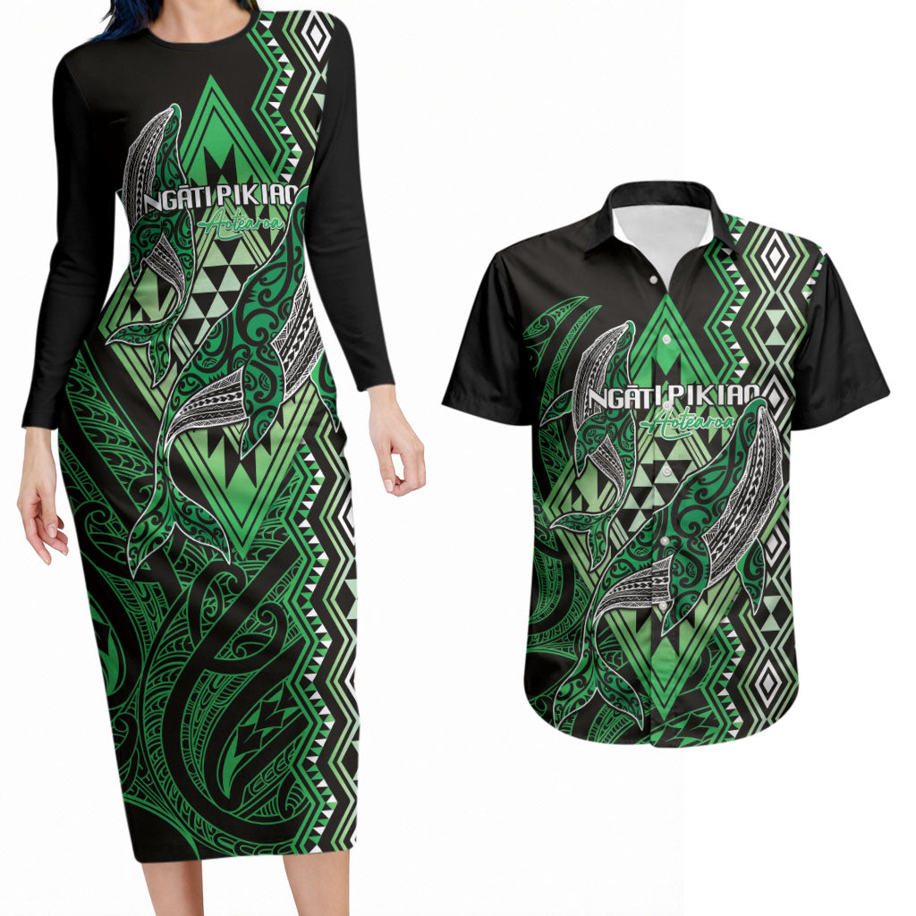 Aotearoa Iwi Ngati Pikiao Personalised Couples Matching Long Sleeve Bodycon Dress and Hawaiian Shirt NZ Maori Humpback Whale Taniko Motifs